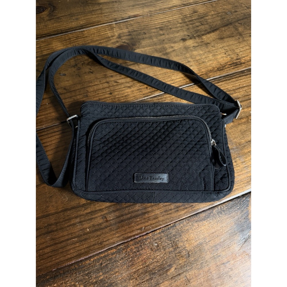 Vera Bradley Black Quilted Microfiber Crossbody Purse Shoulder Bag Zip Pockets
